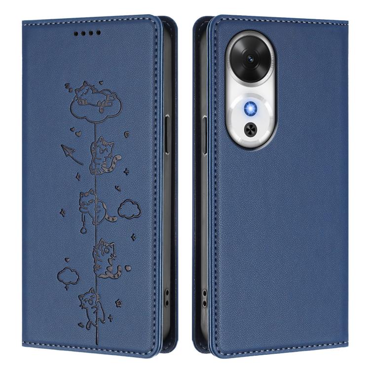 For Honor Play 60 5G Cute Cats Embossed Magnetic RFID Vegan Leather Phone Case