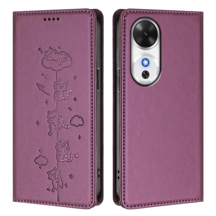 For Honor Play 60 5G Cute Cats Embossed Magnetic RFID Vegan Leather Phone Case