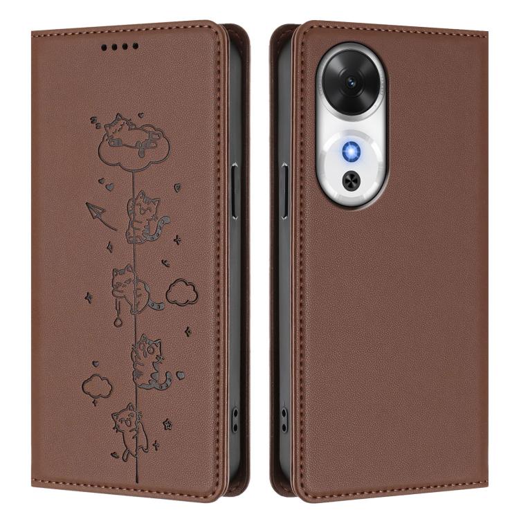 For Honor Play 60 5G Cute Cats Embossed Magnetic RFID Vegan Leather Phone Case