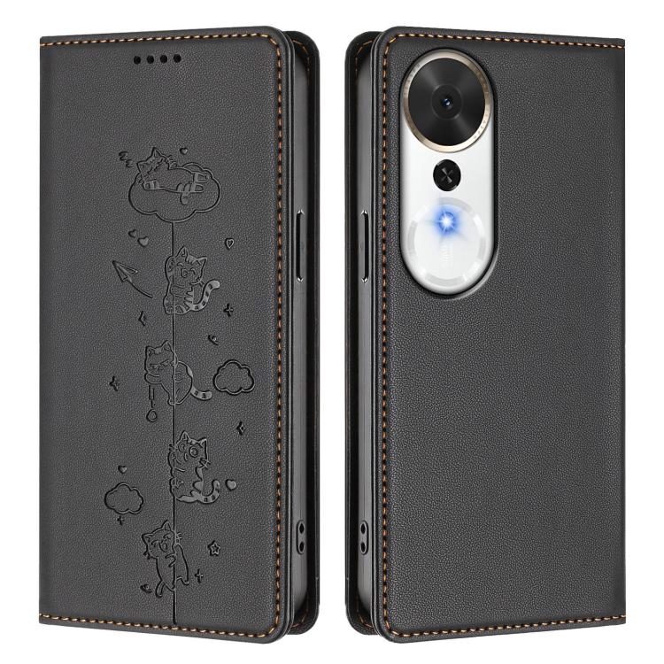 For Honor Play 70 Plus Cute Cats Embossed Magnetic RFID Vegan Leather Phone Case