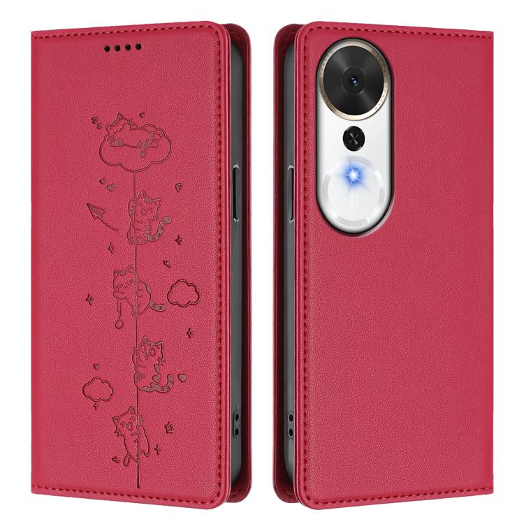 For Honor Play 70 Plus Cute Cats Embossed Magnetic RFID Vegan Leather Phone Case