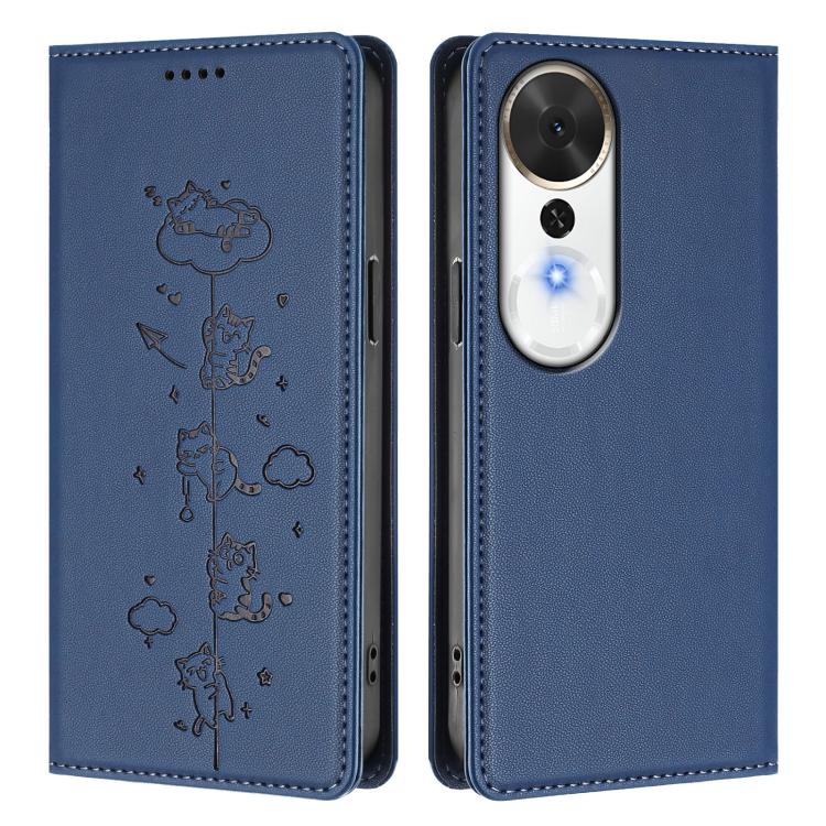 For Honor Play 70 Plus Cute Cats Embossed Magnetic RFID Vegan Leather Phone Case