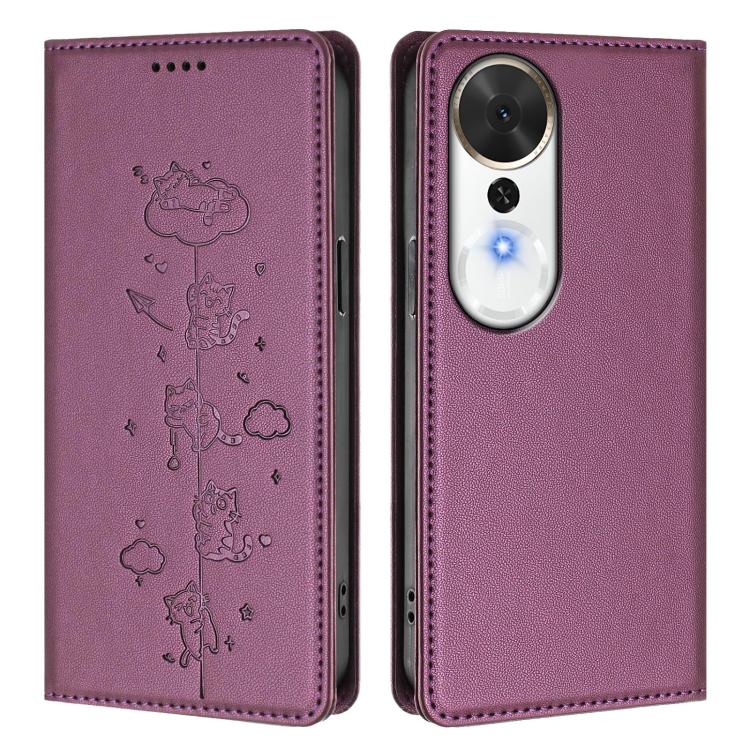 For Honor Play 70 Plus Cute Cats Embossed Magnetic RFID Vegan Leather Phone Case