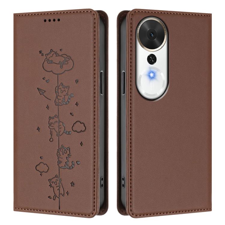 For Honor Play 70 Plus Cute Cats Embossed Magnetic RFID Vegan Leather Phone Case