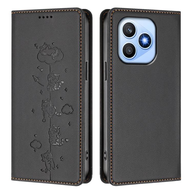 For Honor X8d 4G Cute Cats Embossed Magnetic RFID Vegan Leather Phone Case