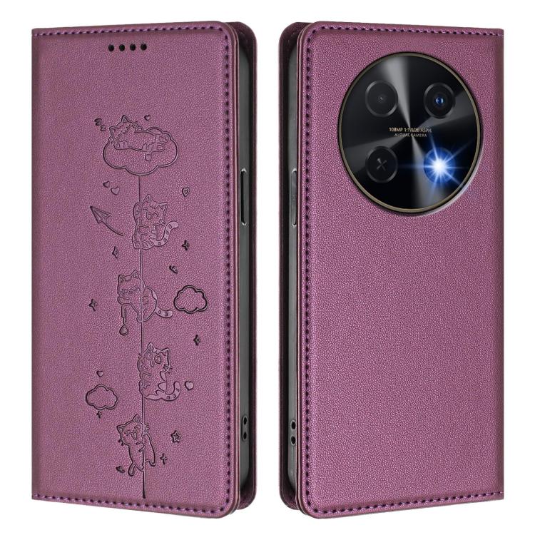 For Huawei nova 13i / 12i 4G Cute Cats Embossed Magnetic RFID Vegan Leather Phone Case