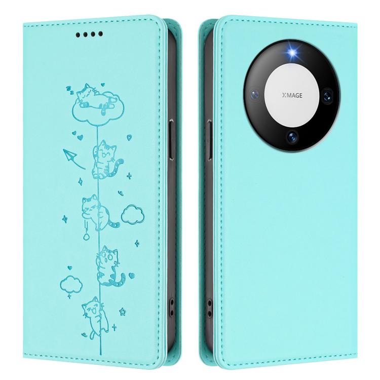 For Huawei Mate 60 Cute Cats Embossed Magnetic RFID Vegan Leather Phone Case