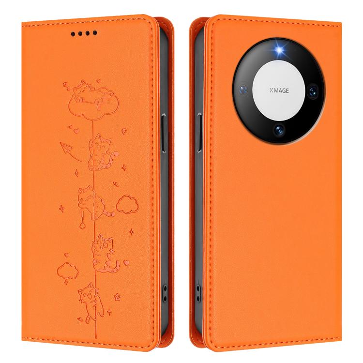 For Huawei Mate 60 Cute Cats Embossed Magnetic RFID Vegan Leather Phone Case
