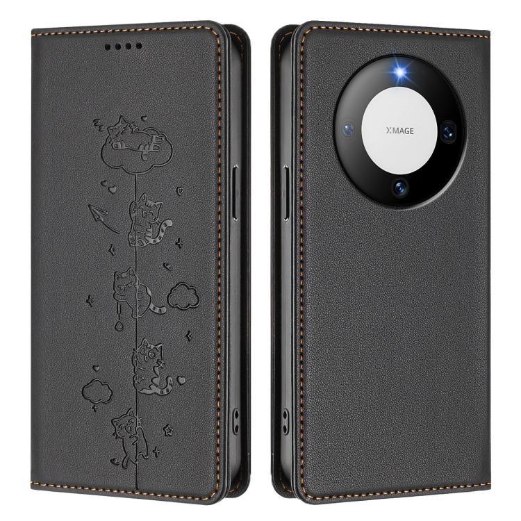 For Huawei Mate 60 Cute Cats Embossed Magnetic RFID Vegan Leather Phone Case