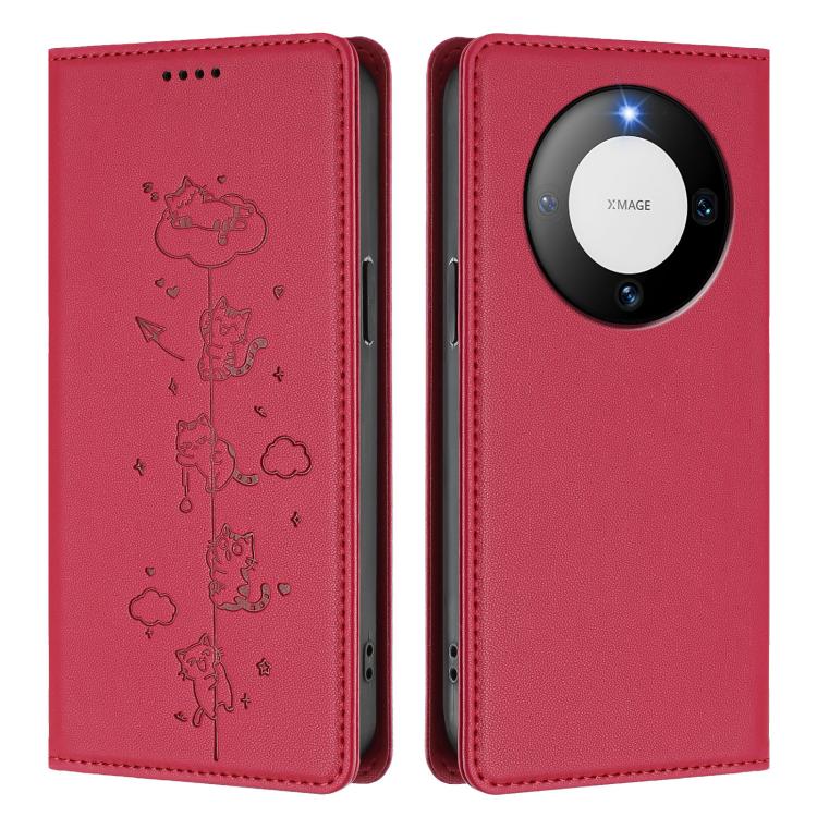 For Huawei Mate 60 Cute Cats Embossed Magnetic RFID Vegan Leather Phone Case
