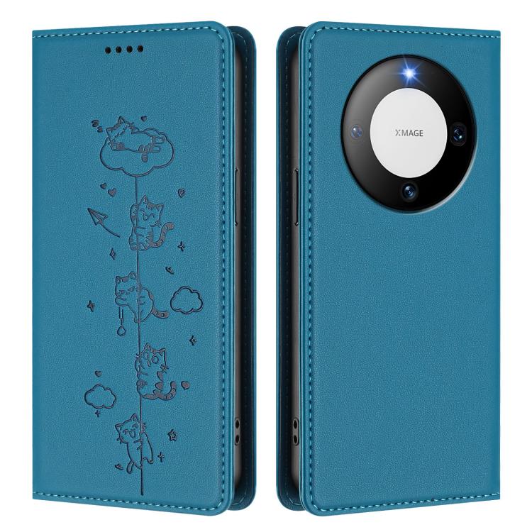 For Huawei Mate 60 Cute Cats Embossed Magnetic RFID Vegan Leather Phone Case