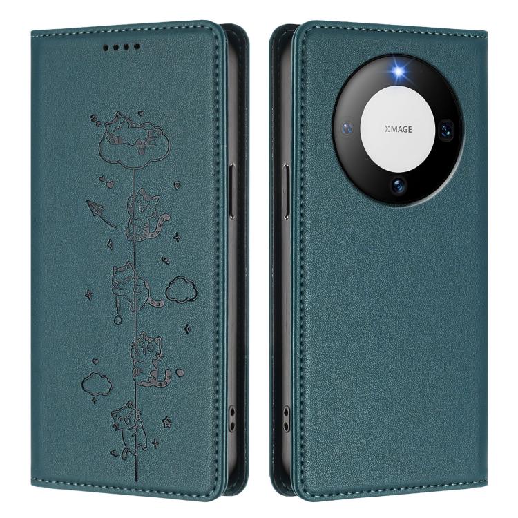 For Huawei Mate 60 Cute Cats Embossed Magnetic RFID Vegan Leather Phone Case