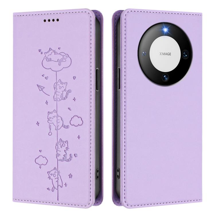 For Huawei Mate 60 Cute Cats Embossed Magnetic RFID Vegan Leather Phone Case