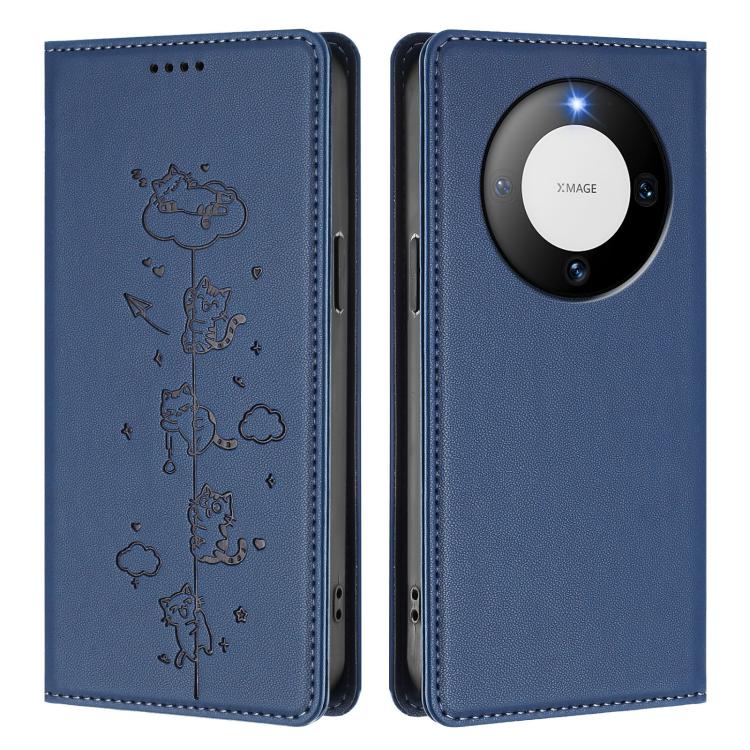 For Huawei Mate 60 Cute Cats Embossed Magnetic RFID Vegan Leather Phone Case