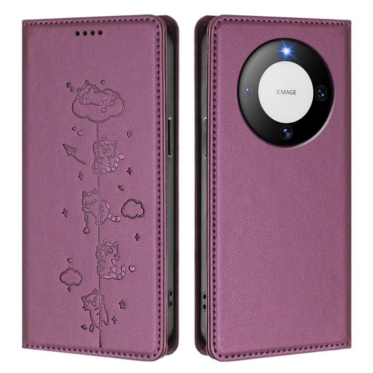 For Huawei Mate 60 Cute Cats Embossed Magnetic RFID Vegan Leather Phone Case