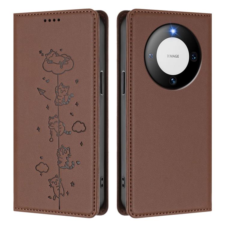 For Huawei Mate 60 Cute Cats Embossed Magnetic RFID Vegan Leather Phone Case