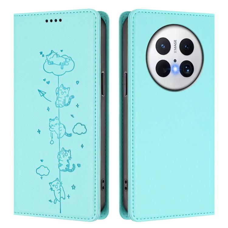 For Huawei Mate 70 Cute Cats Embossed Magnetic RFID Vegan Leather Phone Case