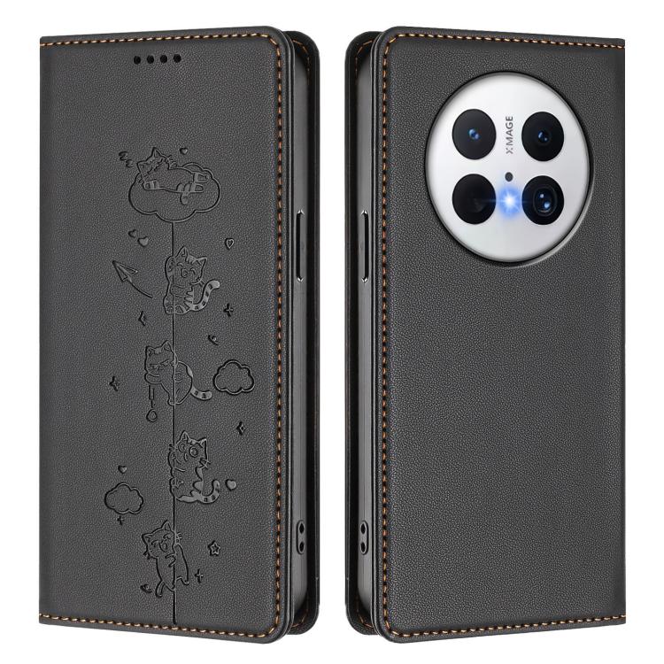 For Huawei Mate 70 Cute Cats Embossed Magnetic RFID Vegan Leather Phone Case
