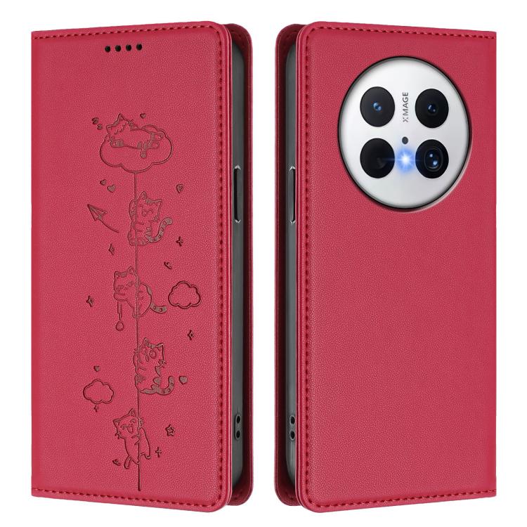 For Huawei Mate 70 Cute Cats Embossed Magnetic RFID Vegan Leather Phone Case