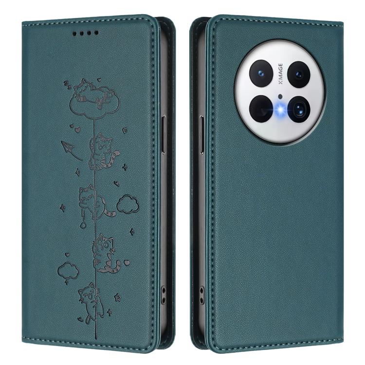 For Huawei Mate 70 Cute Cats Embossed Magnetic RFID Vegan Leather Phone Case