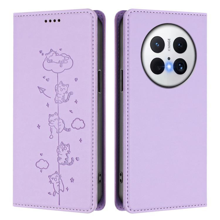 For Huawei Mate 70 Cute Cats Embossed Magnetic RFID Vegan Leather Phone Case