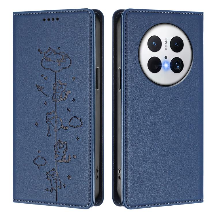 For Huawei Mate 70 Cute Cats Embossed Magnetic RFID Vegan Leather Phone Case