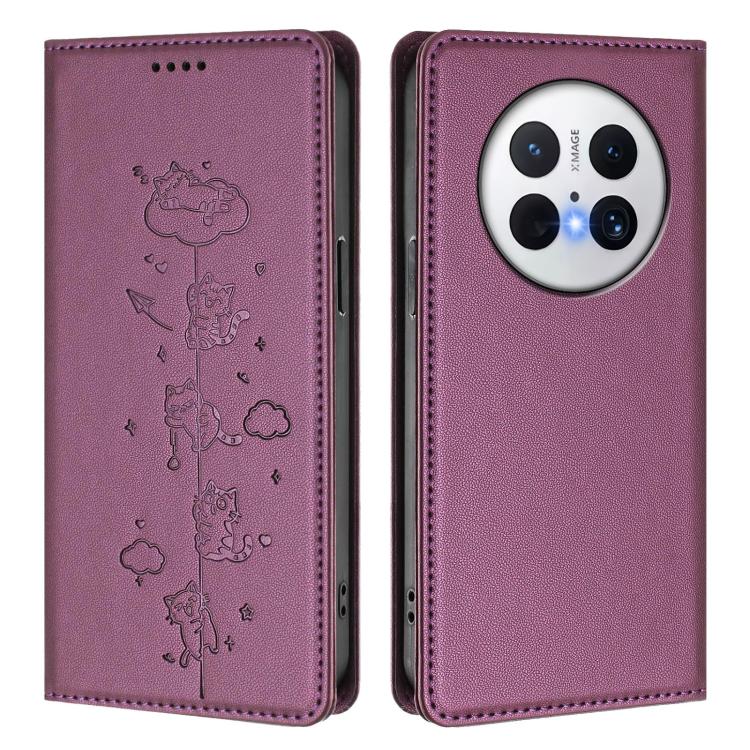 For Huawei Mate 70 Cute Cats Embossed Magnetic RFID Vegan Leather Phone Case