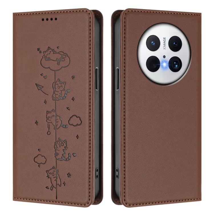 For Huawei Mate 70 Cute Cats Embossed Magnetic RFID Vegan Leather Phone Case