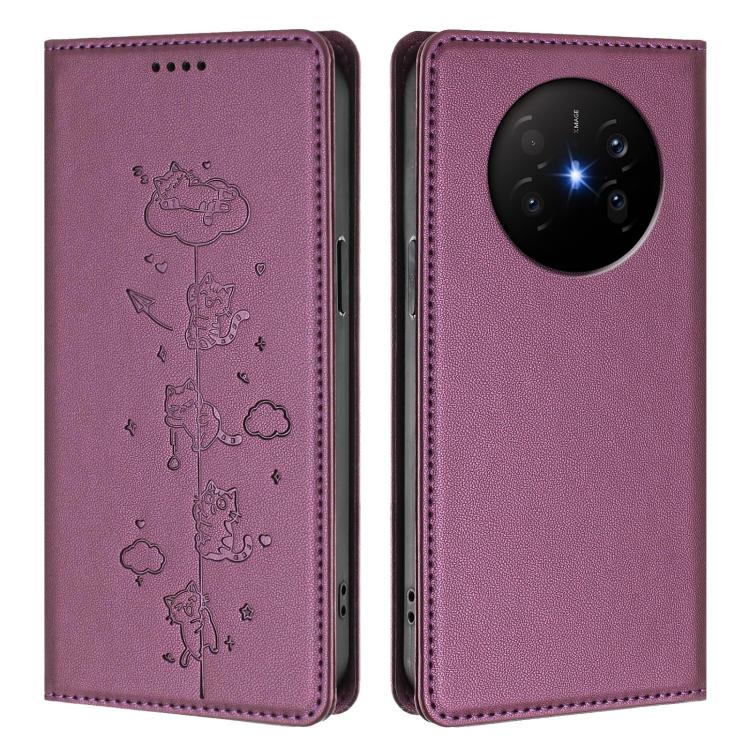 For Huawei Mate 70 Air Cute Cats Embossed Magnetic RFID Vegan Leather Phone Case