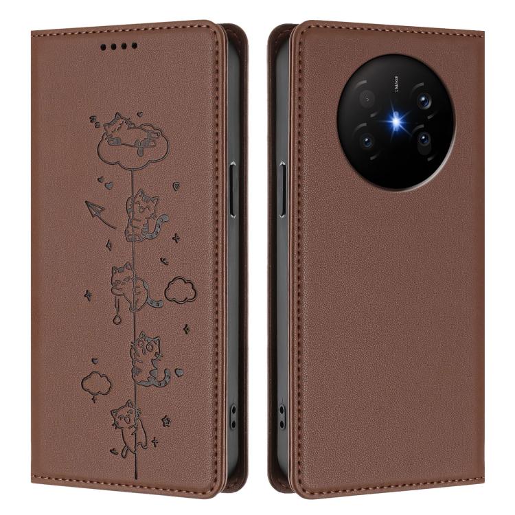 For Huawei Mate 70 Air Cute Cats Embossed Magnetic RFID Vegan Leather Phone Case