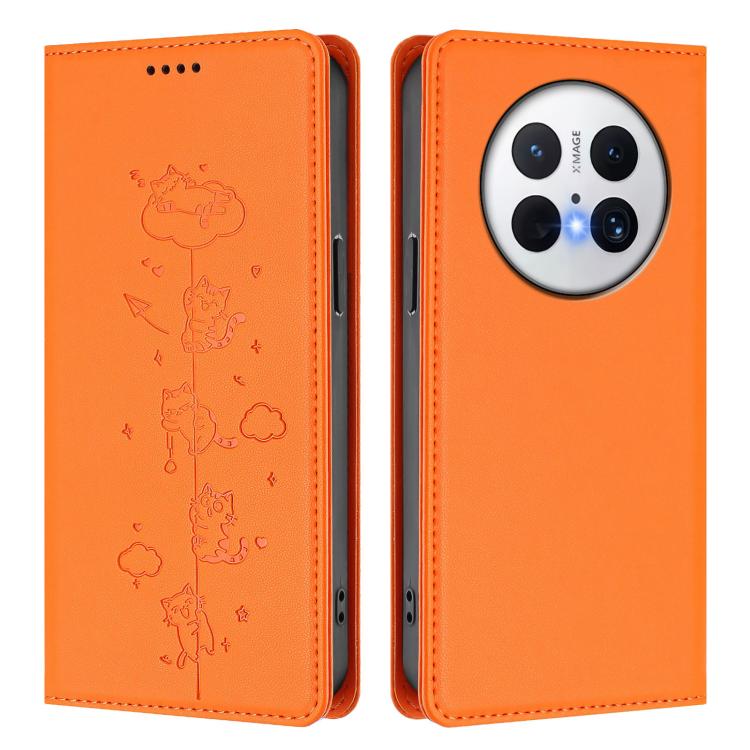 For Huawei Mate 70 Pro Cute Cats Embossed Magnetic RFID Vegan Leather Phone Case