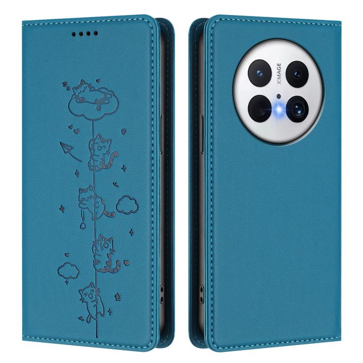 For Huawei Mate 70 Pro Cute Cats Embossed Magnetic RFID Vegan Leather Phone Case