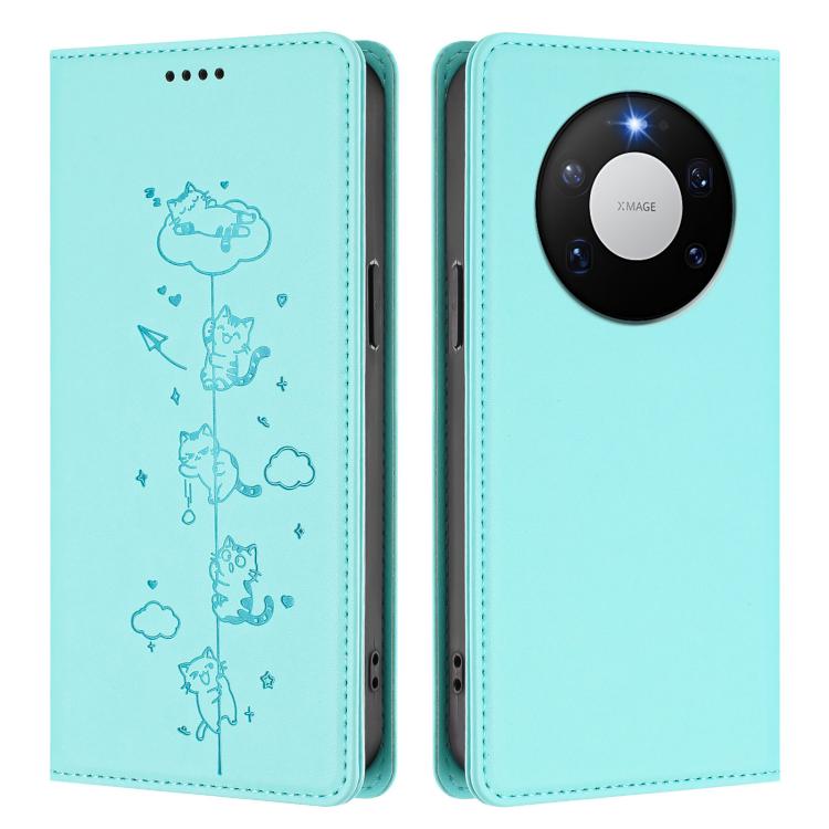 For Huawei Mate 80 Pro Max Cute Cats Embossed Magnetic RFID Vegan Leather Phone Case