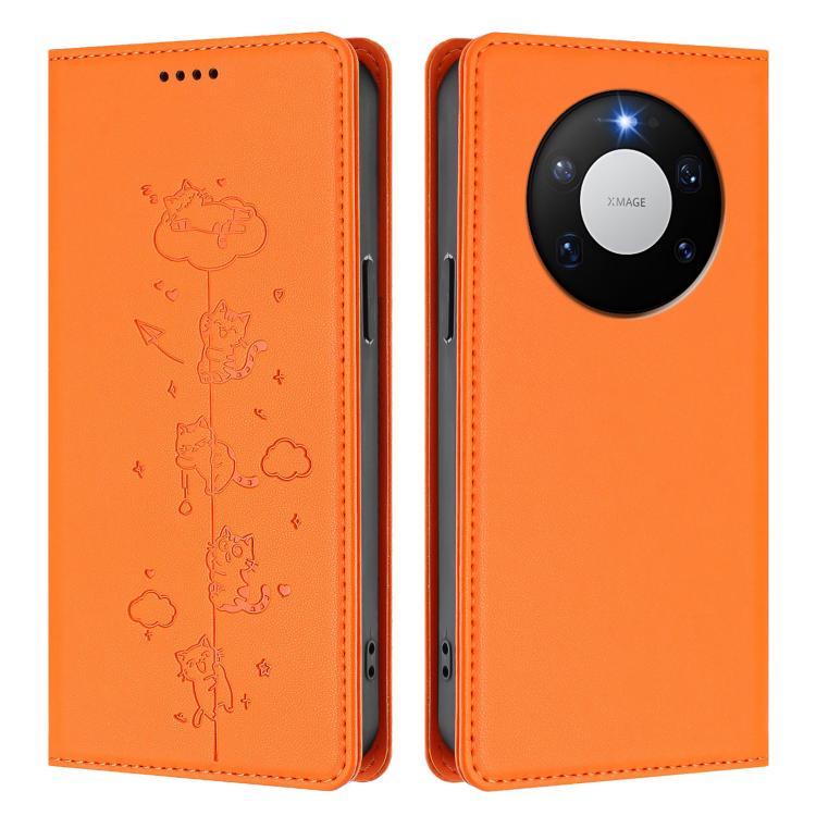 For Huawei Mate 80 Pro Max Cute Cats Embossed Magnetic RFID Vegan Leather Phone Case