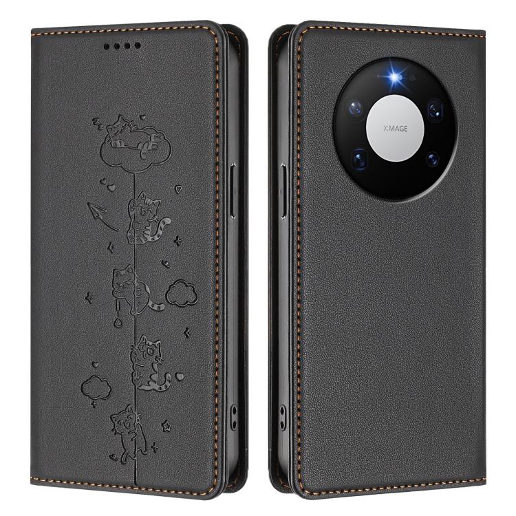 For Huawei Mate 80 Pro Max Cute Cats Embossed Magnetic RFID Vegan Leather Phone Case