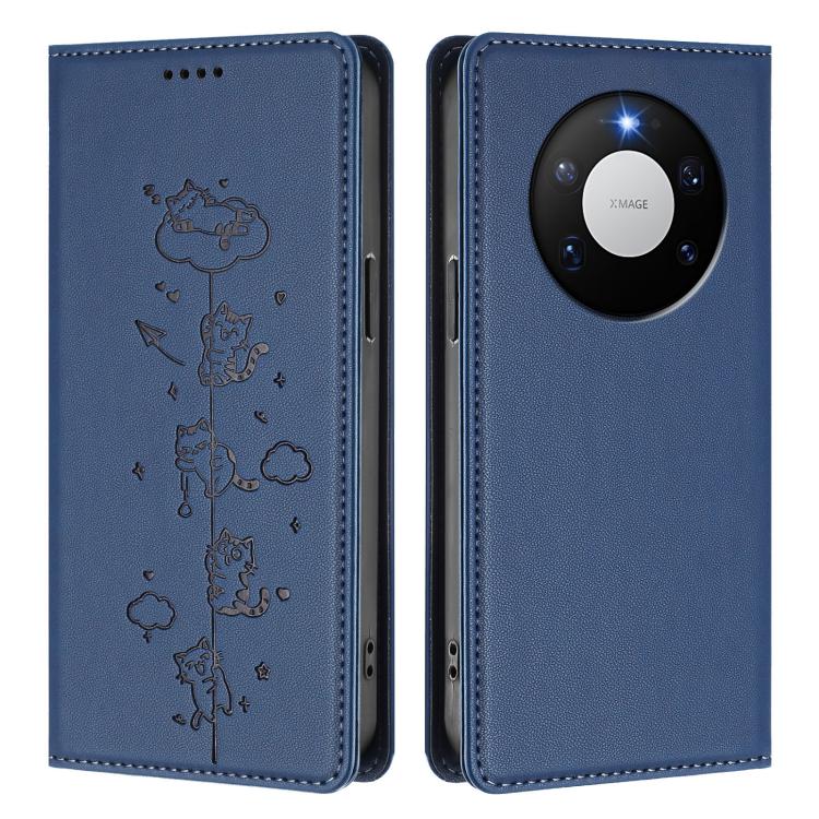For Huawei Mate 80 Pro Max Cute Cats Embossed Magnetic RFID Vegan Leather Phone Case