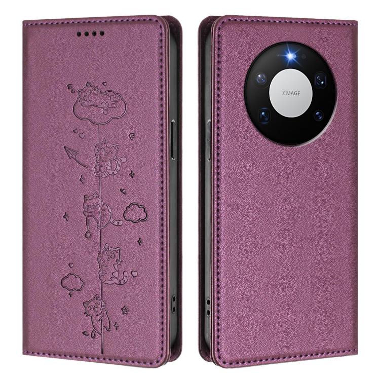 For Huawei Mate 80 Pro Max Cute Cats Embossed Magnetic RFID Vegan Leather Phone Case
