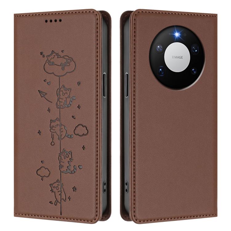 For Huawei Mate 80 Pro Max Cute Cats Embossed Magnetic RFID Vegan Leather Phone Case