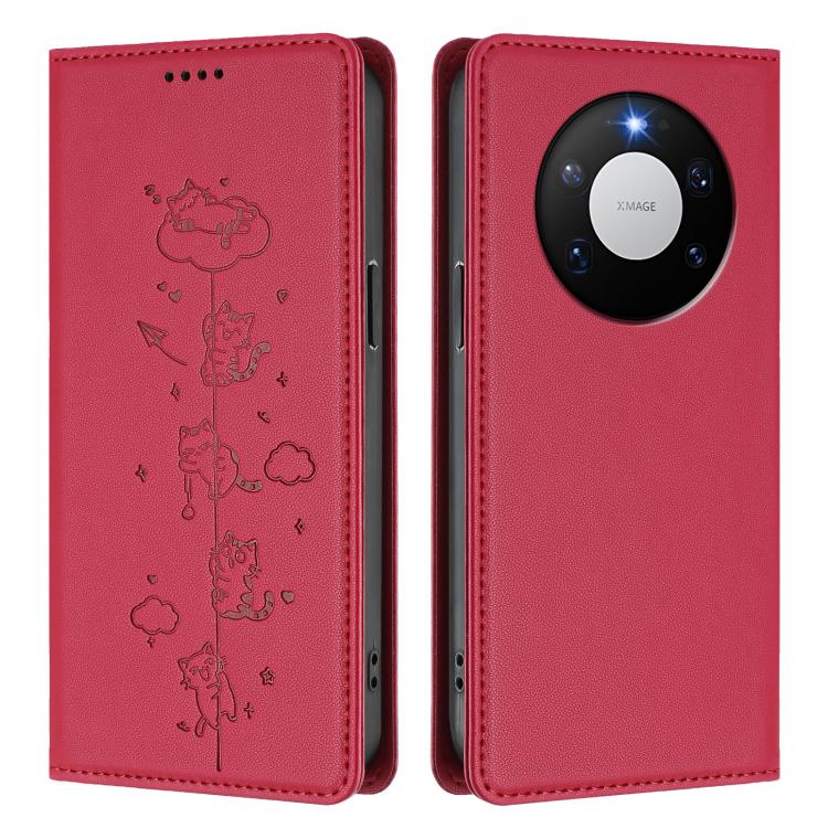 For Huawei Mate 80 Pro / 80 Cute Cats Embossed Magnetic RFID Vegan Leather Phone Case
