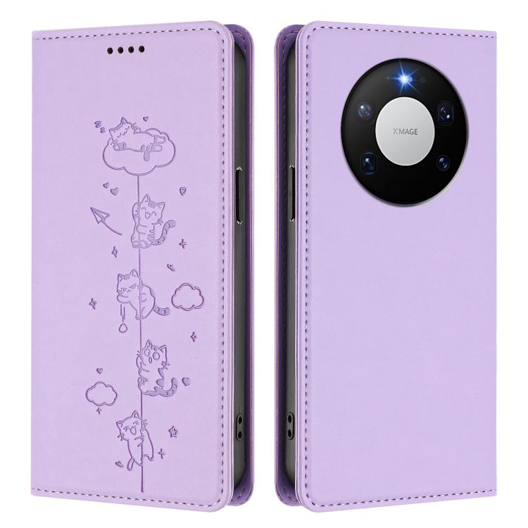 For Huawei Mate 80 Pro / 80 Cute Cats Embossed Magnetic RFID Vegan Leather Phone Case