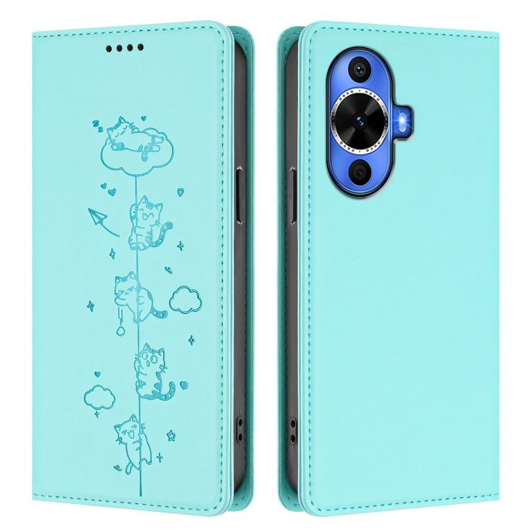For Huawei nova 12s 4G Cute Cats Embossed Magnetic RFID Vegan Leather Phone Case