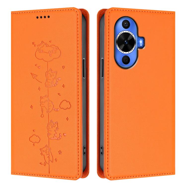 For Huawei nova 12s 4G Cute Cats Embossed Magnetic RFID Vegan Leather Phone Case