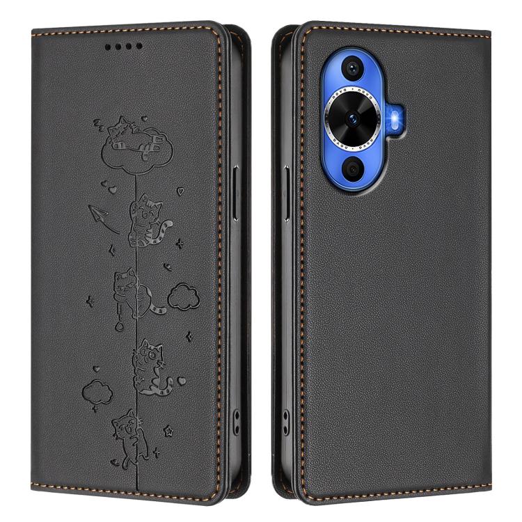For Huawei nova 12s 4G Cute Cats Embossed Magnetic RFID Vegan Leather Phone Case