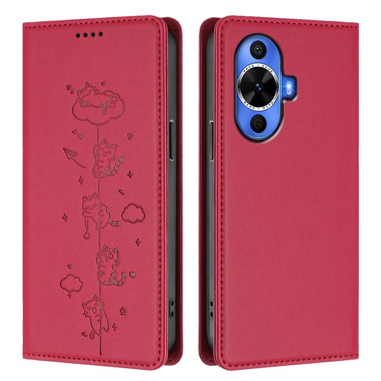 For Huawei nova 12s 4G Cute Cats Embossed Magnetic RFID Vegan Leather Phone Case