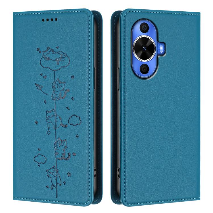 For Huawei nova 12s 4G Cute Cats Embossed Magnetic RFID Vegan Leather Phone Case
