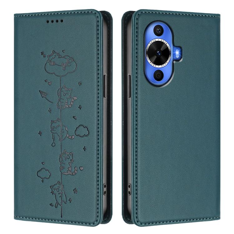 For Huawei nova 12s 4G Cute Cats Embossed Magnetic RFID Vegan Leather Phone Case