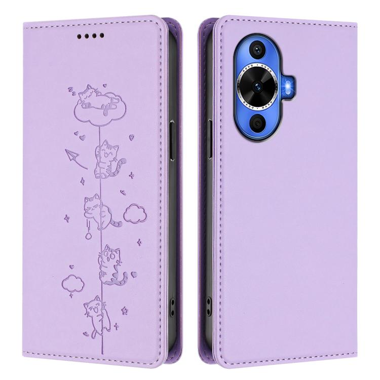 For Huawei nova 12s 4G Cute Cats Embossed Magnetic RFID Vegan Leather Phone Case