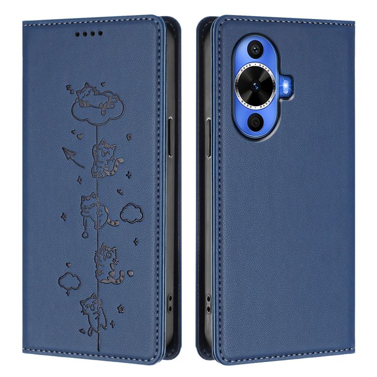For Huawei nova 12s 4G Cute Cats Embossed Magnetic RFID Vegan Leather Phone Case