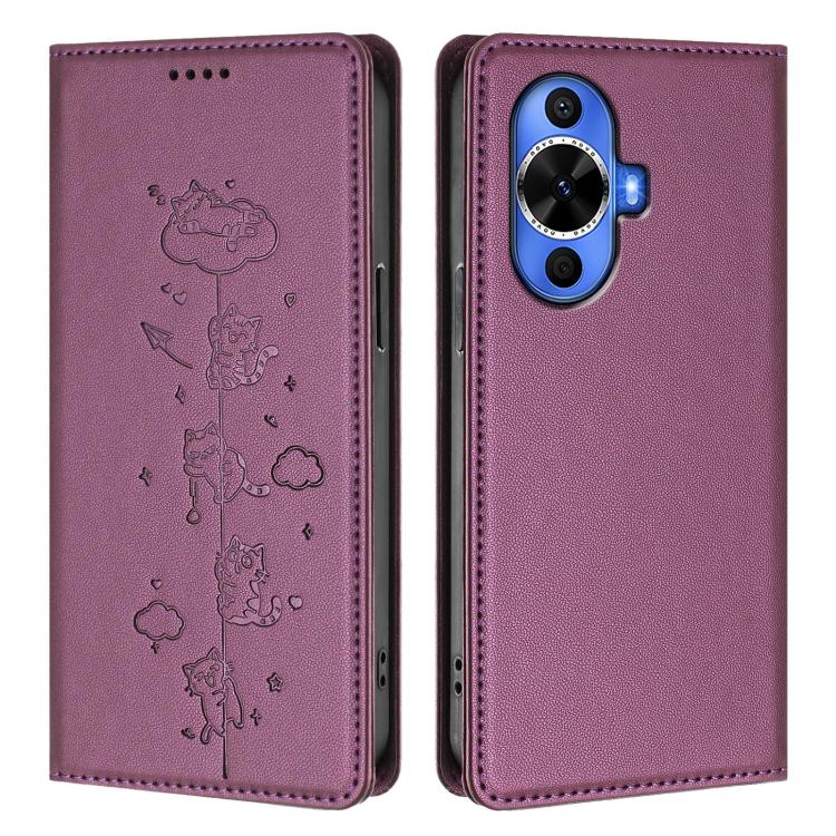 For Huawei nova 12s 4G Cute Cats Embossed Magnetic RFID Vegan Leather Phone Case