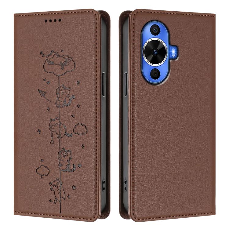 For Huawei nova 12s 4G Cute Cats Embossed Magnetic RFID Vegan Leather Phone Case